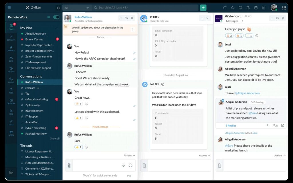 Captura de pantalla de Zoho Workplace que muestra un chats en tiempo real