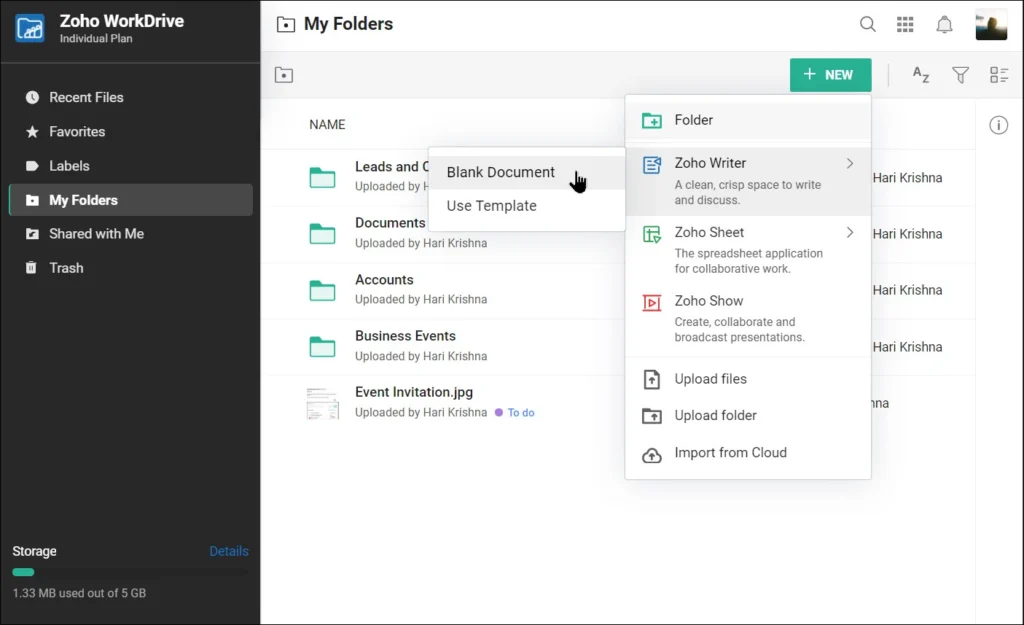 Captura de pantalla de Zoho Workplace que muestra un proceso de almacenamiento y gestión de archivos en la nube