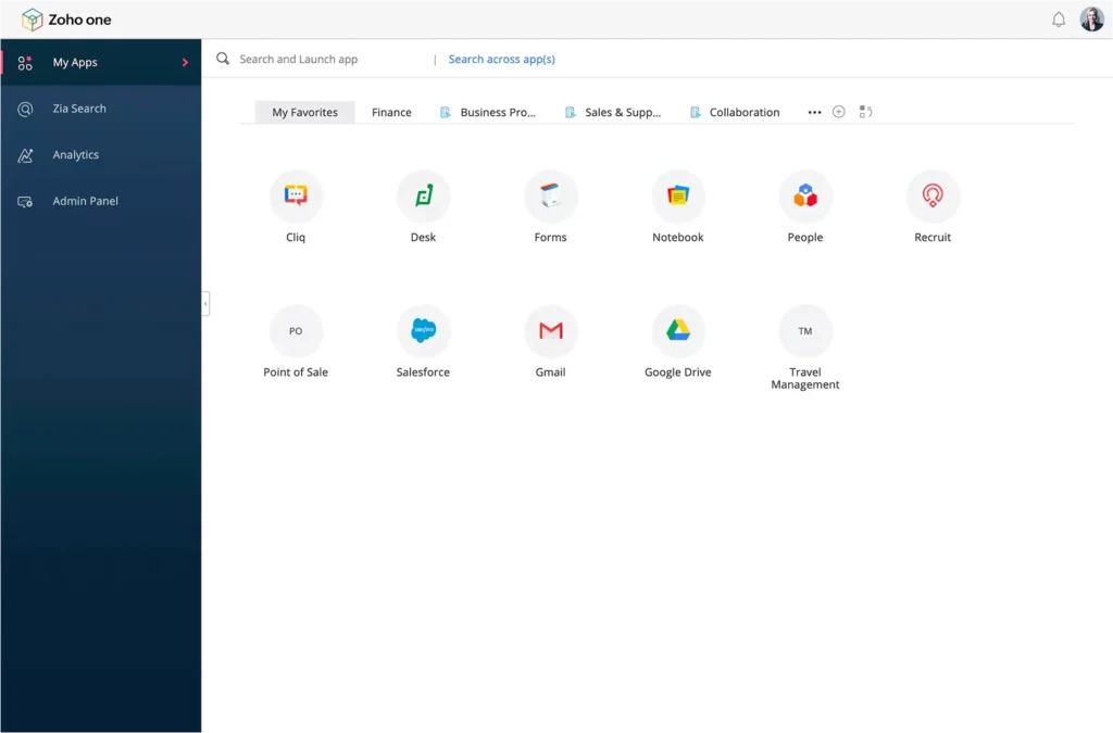 Captura de pantalla de Zoho One que muestra las aplicaciones en la nube de Zoho One y de otras plataformas en línea!