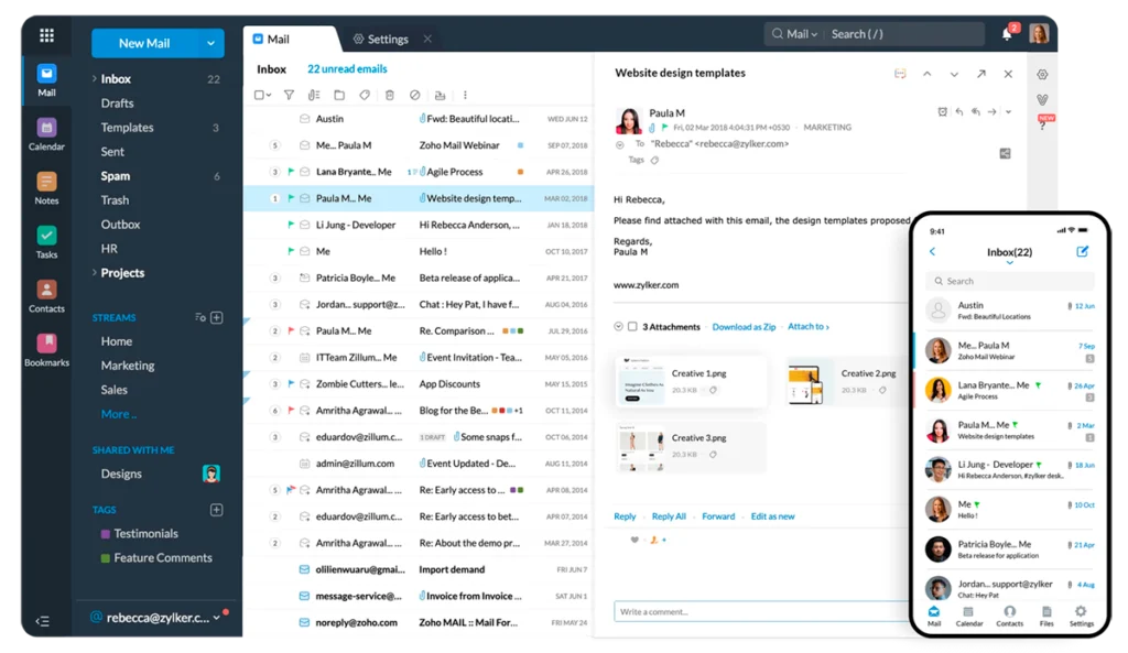 Captura de pantalla de Zoho Workplace que muestra un proceso comunicación interna. incluye chat y correo electrónico